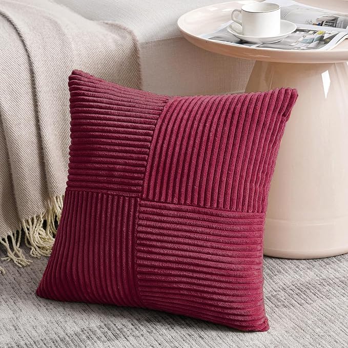 Fancy Homi 2 Packs Burgundy Decorative Throw Pillow Covers 22x22 Inch for Living Room Couch Bed Sofa, Rustic Farmhouse Boho Home Decor, Soft Corss Corduroy Patchwork Accent Cushion Case 55x55 cm-Ruum Studio Home