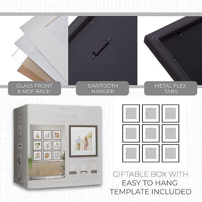 Sheffield Home 9 Piece Gallery Wall Frame Set, 12x12 Inch, Dark Oak-Ruum Studio Home