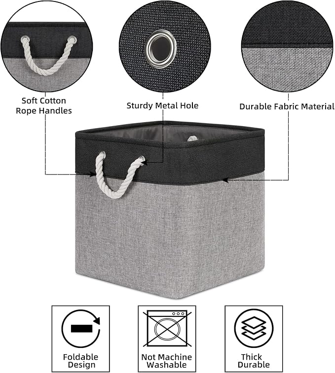Bidtakay Fabric Cube Storage Bins for Organizing 13x13 Large Storage Baskets Decorative Storage Bins for Home Storage Set of 3 Shelf Organizer Bins for Toy Storage (Black&grey)-Ruum Studio Home