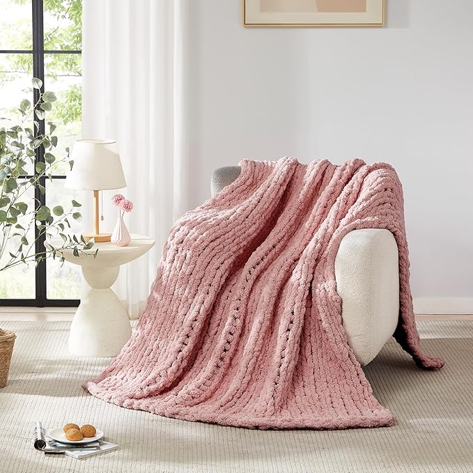 L'AGRATY Chunky Knit Blanket Throw - Soft Chunky Throw Blanket 60x80: 100% Hand Kintted Chenile Crochet Throw Blanket for Couch - Large Cable Knit Chunky Blanket for Home Decor(Rose Pink)-Ruum Studio Home