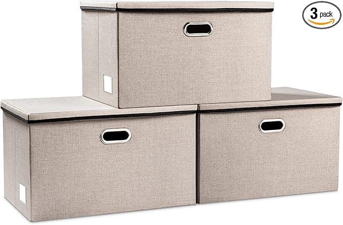 PRANDOM Extra Large Collapsible Storage Bins with Lids [3-Pack] Linen Fabric Foldable Storage Baskets Boxes Organizer Containers Cube with Cover for Bedroom Closet Office Nursery (22.8x15.7x13.8)-Ruum Studio Home