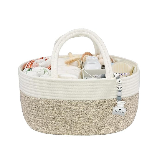 Large Baby Diaper Caddy Organizer for Girl Boy Rope Nursery Storage Bin Basket Portable Holder Tote Bag for Changing Table Car Travel Baby Shower Gifts Newborn Registry Must Haves White and Brown-Ruum Studio Home