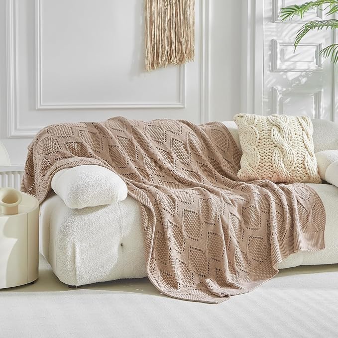 Longhui bedding Chunky Cotton Knit Throw Blanket for Couch, Sofa, Bed, or Chair, Decorative Breathable Fall Cable Knit Blanket 51 x 63 Inches, Pink Rose-Ruum Studio Home