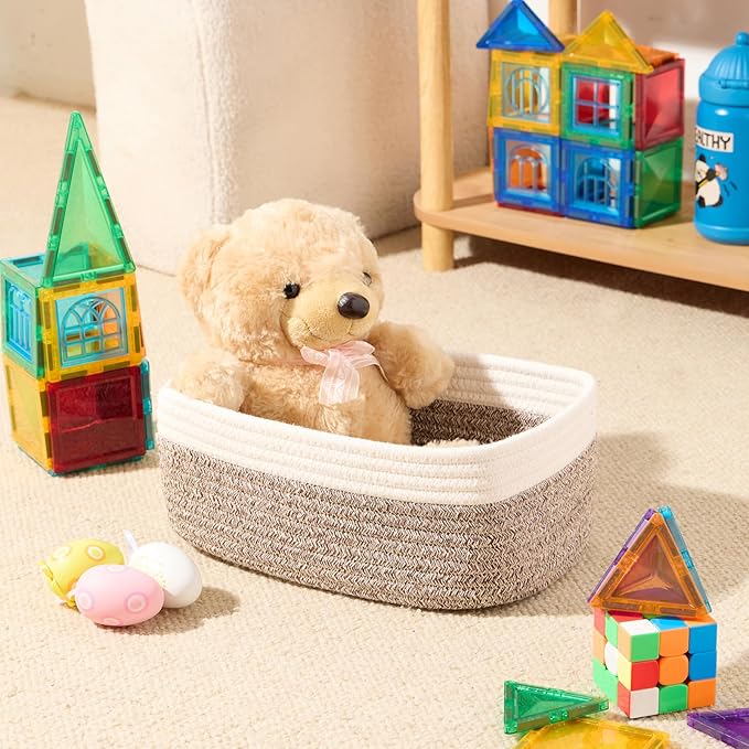 Small Storage Baskets for Organizing | Closet Organizer Bins | Shelf Toy Basket | Woven Rope Baskets | Cube Decorative Box | Shallow Basket | 11.5x7.5x4.7” | 4 Packs White Brown-Ruum Studio Home
