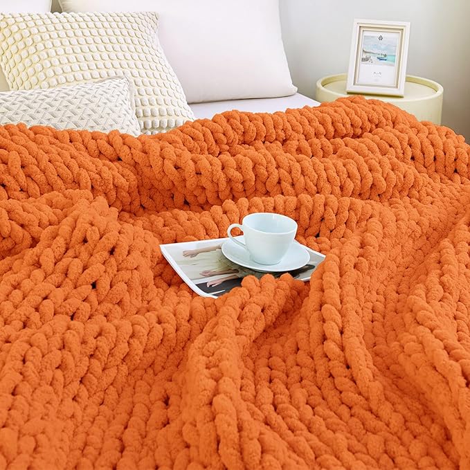 Admitrack Chunky Knit Blanket Throw, 100% Hand Knit Chenille Throw Blanket for Sofa & Home Decor, Soft and Cozy Knitted Throw Blankets (Orange, 51"x63")-Ruum Studio Home