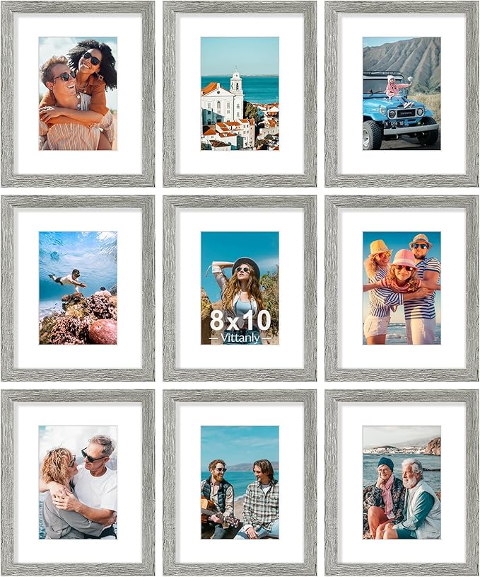 Vittanly 8x10 Picture Frames Set of 9, Shatter Resistant Plexiglass, Display 5x7 Pictures with Mat or 8x10 without Mat, Photo Frames for Wall or Tabletop, Engineered Wood, Grey-Ruum Studio Home