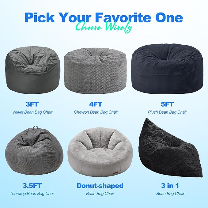 Hobestluk 3 in 1 Bean Bag Chair Giant Bean Bag Chairs for Adults with Chevron Plush Fur Cover Convertible Bean Bag Floor Cushion with Machine Washable Cover for Living Room (Chevron Plush Black)-Ruum Studio Home