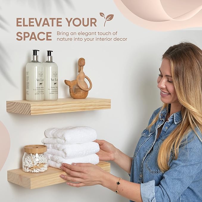 Homeforia 16 inch Natural Floating Shelf, High End Solid Real Wood 16inch Small Floating Shelves for Wall Mounted, Natural Wooden Floating Shelves, Heavy Duty Bracket, 16 X 6.5 X 1.75 in, Set of 4-Ruum Studio Home