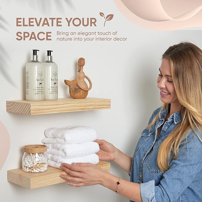 Homeforia Wood Floating Shelf 12 inch, High End Solid Natural Wood 12inch Floating Shelves for Wall Mounted, Unfinished Small Wooden Floating Shelves, Heavy Duty Bracket, 12 X 6.5 X 1.75 in, Set of 3-Ruum Studio Home