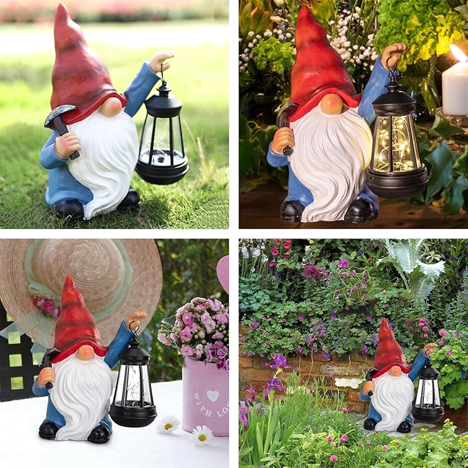 Garden Gnome Statue Solar Light Outdoor Decorations Figurine with Lantern Led Shovel Sculpture Lawn Patio Yard Porch Outside Christmas Housewarming Gifts for Women Mother's Day Grandma-Ruum Studio Home