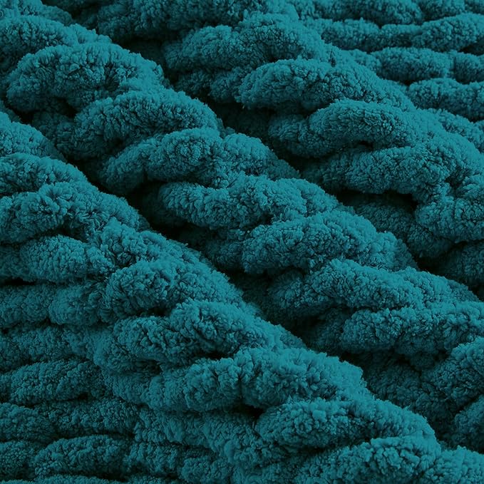 Carriediosa Chunky Knit Throw Blanket 50" X 60", 100% Hand Made Large Chenille Loop Yarn Soft Fluffy Throws for Couch Sofa Bed, Big Crochet Cozy Heavy Thick Cable Woven Blankets, Teal-Ruum Studio Home