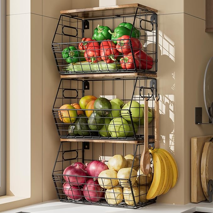 Delamu 3 Pack Stackable Metal Fruit Basket with Wood Lid-Wall Mounted&Countertop Organizer for Kitchen,Pantry- Ventilated Storage for Onions,Potatoes,Fruits,Spices,Black-Ruum Studio Home