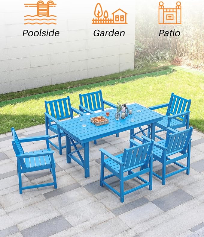 HDPE Patio Dining Set, 5-Piece Outdoor Table and Chairs with Umbrella Hole, Modern Outdoor Dining Set for 4, HDPE Outdoor Patio Furniture Dining Sets for Deck, Poolside, Porch, Sky Blue-Ruum Studio Home