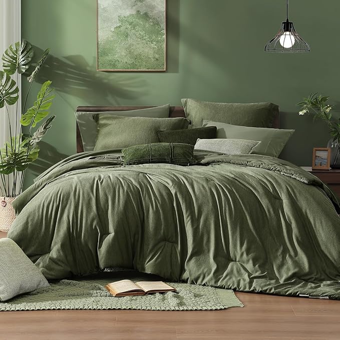 Monbix California King Comforter Set - 7 Pieces Cationic Dyeing Olive Green Bed in a Bag Cal King Bedding Sets with Comforter, Sheets, Pillowcases & Shams, Reversible Bedding Comforters Sets(108 * 92)-Ruum Studio Home