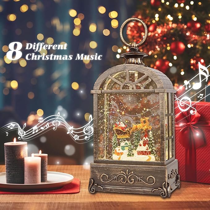Christmas Snow Globes Lantern,Musical Snow Globes,Christmas Decorations Indoor for Home,Battery Or USB Powered,with 6 Hour Timer,Christmas Lantern for Festival Decoration,Reindeer Vehicle-Ruum Studio Home