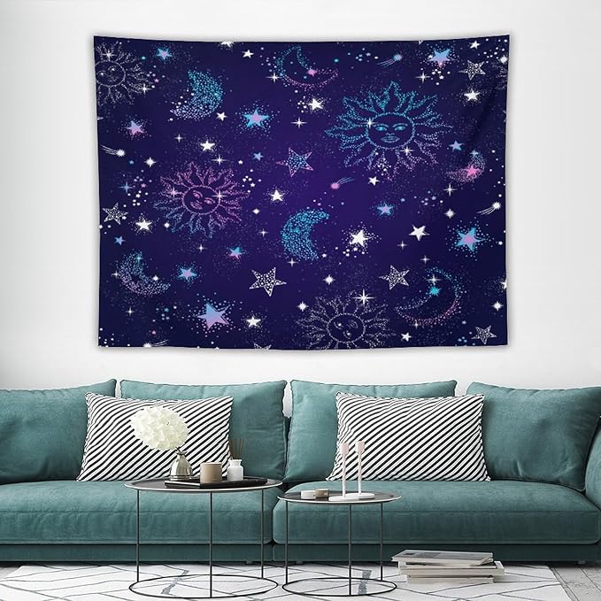 HZOHNAGO Boho Sun Moon Tapestry Purple Blue Sun Stars Galaxy Pattern Printed Wall Tapestry Wall Hanging for Bedroom Living Room Dorm 80" W x 60" H-Ruum Studio Home