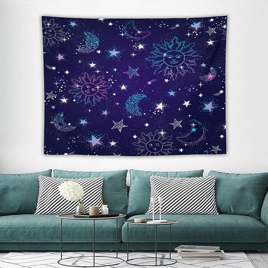 HZOHNAGO Boho Sun Moon Tapestry Purple Blue Sun Stars Galaxy Pattern Printed Wall Tapestry Wall Hanging for Bedroom Living Room Dorm 80" W x 60" H-Ruum Studio Home