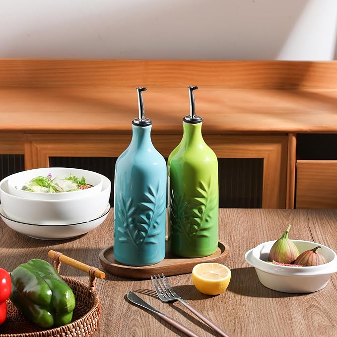 Sweejar Ceramic Olive Oil Dispenser Bottle, 20 Oz Relief Opaque Oil Cruet Protects To Reduce Oxidation, Suitable for Storage, Vinegar, Soy Sauce,Liquids,Set of 2 (Gradient Blue Gradient Green)-Ruum Studio Home