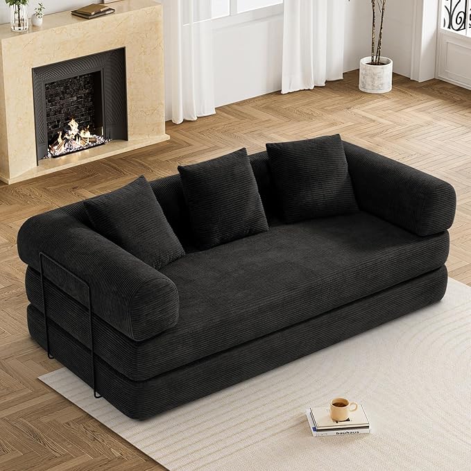 Convertible Sleeper Sofa Bed with Pillow, 4-in-1 Corduroy Folding Mattress Couch with Fixed-Shape Frame, Futon Fold Out Floor Sofa Cama Lounge Couch for Living Room Bedroom Studio, Black-Ruum Studio Home