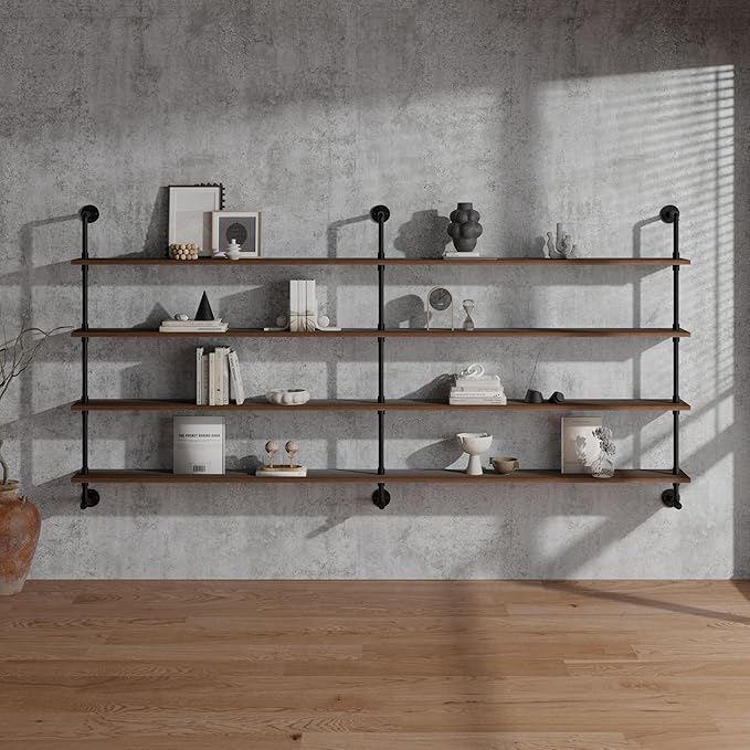 Industrial Pipe Wall Shelves With Real Wood Plank, 70 Inches Floating Shelves for Wall, 4 Tier Farmhouse Book Shelves, Dark Brown for Kitchen, Living Room Decor and Bar-Ruum Studio Home