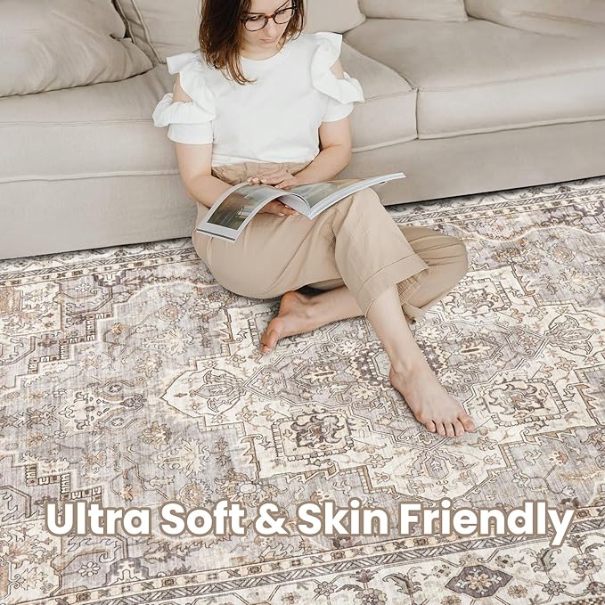 Washable Area Rugs for Living Room - 5x7 Neutral Vintage Distressed Floral Farmhouse Boho Large Soft Floor Rug Indoor Non Slip Carpet for Bedroom Dining Room Office - Grey Brown-Ruum Studio Home