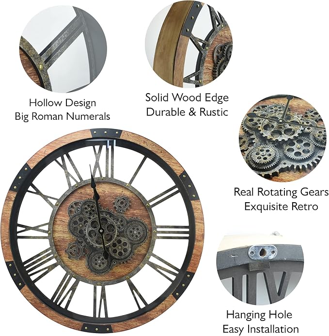 DORBOKER 30'' Large Wall Clock Real Moving Gears Oversized Industrial Solid Wood Rusic Farmhouse Clocks for Living Room Wall Decor Home Office, 30 inch 76cm, Brown and Vintage Bronze-Ruum Studio Home