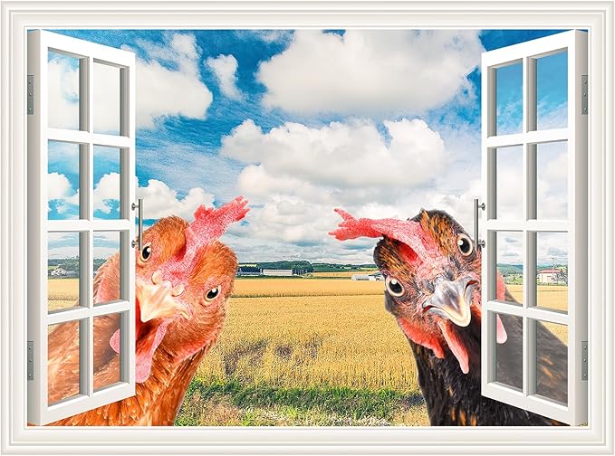 Funny Chicken Wall Stickers Peel and Stick - 2 Hens Head Looking Inside from Window - Cute Chicken Wall Decals Removable - Chicken Lover Gifts Wall Decor for Bedroom Farmhouse Kitchen Dorm-Ruum Studio Home