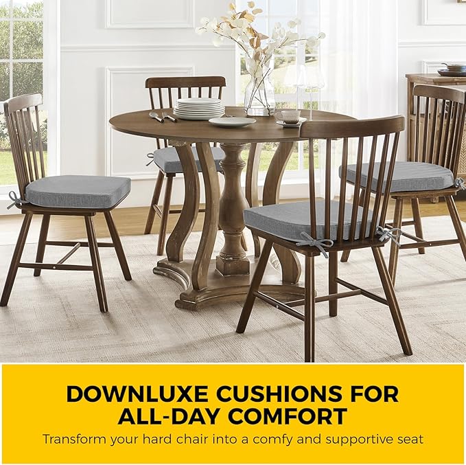 downluxe Indoor Chair Cushions for Dining Chairs, Soft and Comfortable Textured Foam Kitchen Chair Pads with Ties and Non-Slip Backing, 16" x 16" x 2", Dark Grey, 4 Pack-Ruum Studio Home