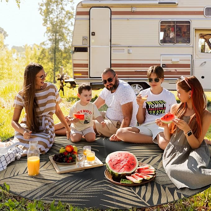 GENIMO Outdoor Rug 8' Round Waterproof for Patios Clearance, Reversible Outdoor Plastic Straw Camping Rug Carpet, Large Area Rugs Mats for RV, Camper, Deck, Balcony, Porch, Beach, Picnic, Black&Brown-Ruum Studio Home