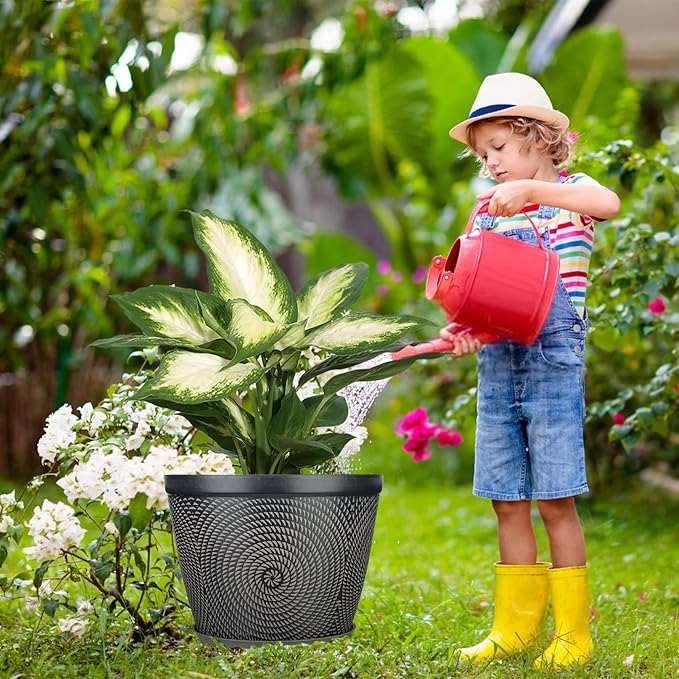 Quarut 15 Inch 4 Pack Large Plant Pots, Plastic Flower Pot for Indoor & Outdoor with Drainage Holes & Saucer, Circle Pattern Planters Garden Pots for Herbs-Ruum Studio Home