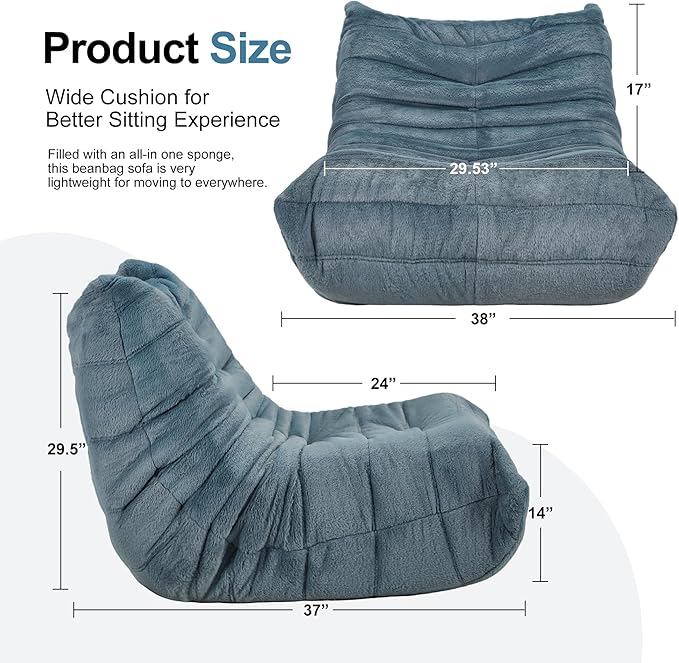 Bean Bag Chairs for Adults Giant Bean Bag Chair Memory Foam BeanBag Chair Big Bean Bag Sofa with Filler Faux Fur Fireside Beanbags Lazy Sofa for Living Room Bedroom Dorm Office (Bluegrey Plush)-Ruum Studio Home