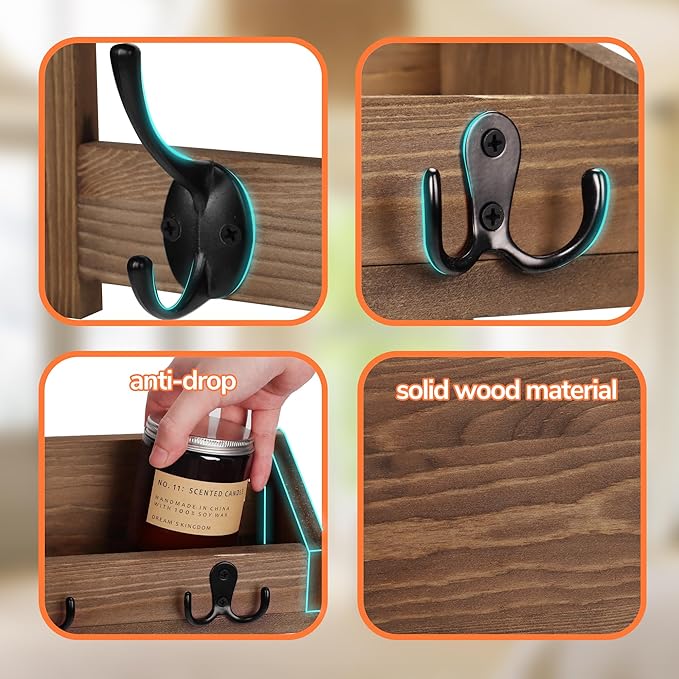 AMBIRD Wall Hooks with Shelf 26.57inch Entryway Wall Hanging Shelf Wood Coat Hooks for Wall with Shelf Coat Rack Wall Mount Rack with 5 Dual Hooks 3 Key Hooks Mail Organizer and Key Rack Key Holder-Ruum Studio Home