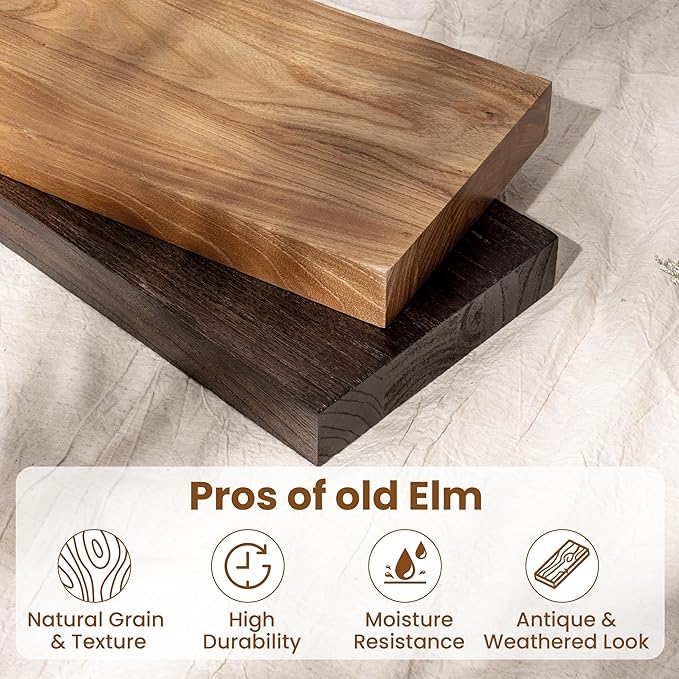 Wood Floating Shelves for Wall, 24" Floating Shelves Wall Mounted, Rustic Old Elm Wood Shelf for Home Decor, Heavy-Duty Storage Shelves for Books, Bathroom, Kitchen, Natural Color, Set of 2-Ruum Studio Home