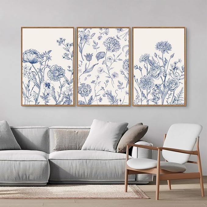 Tinonedraw Large Classic Chinoiserie Flower Framed Canvas Wall Art Set, Navy Blue and White Floral Wall Decor, Minimalist Neutral Botanical Art Printing for Living Room Bedroom Office Dorm 16"x24"x3-Ruum Studio Home