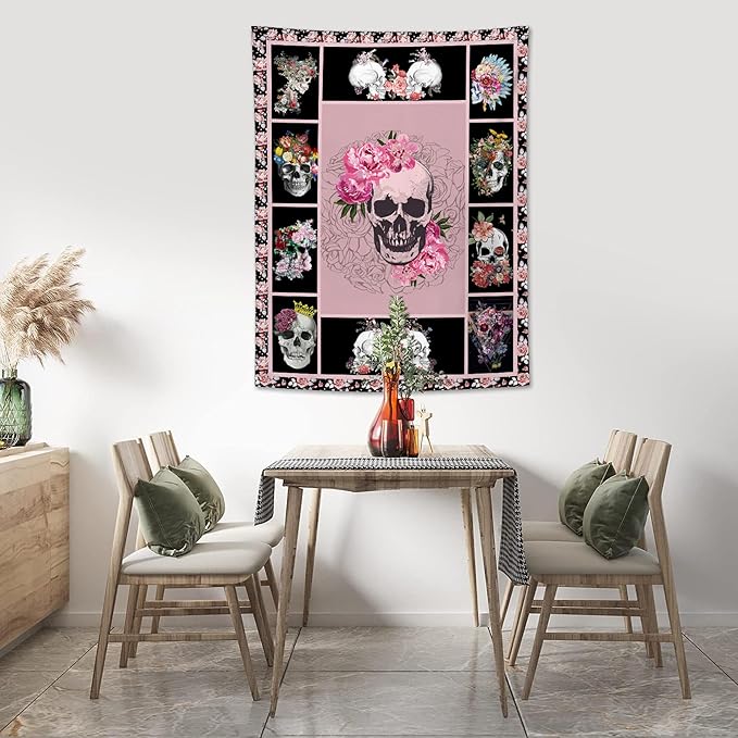 yowecso Sugar Skull Tapestry Horror Skeleton Tapestry Wall Hanging for Bedroom Rose Skull Tapestries Aesthetic Wall Decor for Home Dorm Living Room 50"x60"-Ruum Studio Home