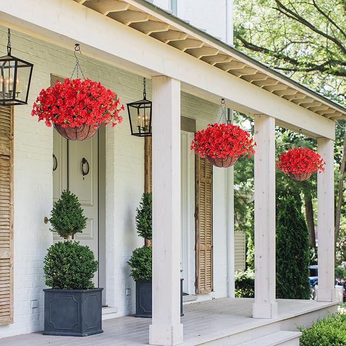Ivydale Artificial Faux Hanging Flowers Plants Baskets for Outdoors Outside Spring Decoration, Fake Silk Red Morning Glory UV Resistant Look Real for Front Door Porch Patio Balcony Yard Garden Home-Ruum Studio Home