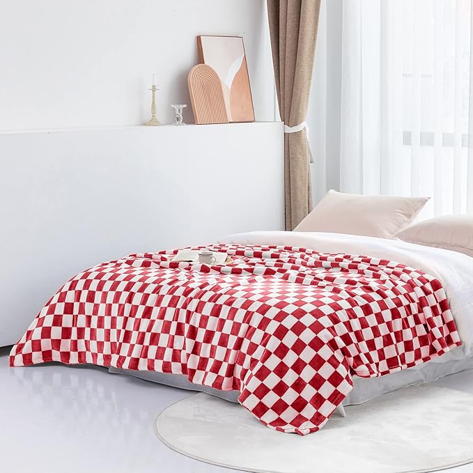 LOMAO Throw Blankets Flannel Blanket with Checkerboard Grid Pattern Soft Throw Blanket for Couch, Bed, Sofa Luxurious Warm and Cozy for All Seasons (Red, 50"x60")-Ruum Studio Home