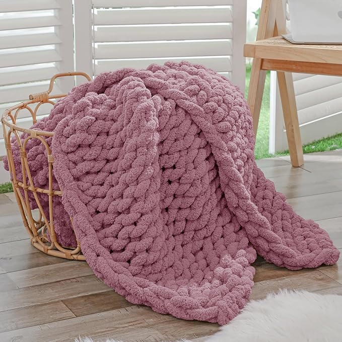 Bigacogo Chunky Knit Throw Blanket for Couch, 40x40 inches, 100% Hand Knitted with Thick Jumbo Chenille Yarn, Cozy Soft Large Rope Knot Cable Crochet Blankets for Sofa Bed Living Room, Burnt Rose-Ruum Studio Home