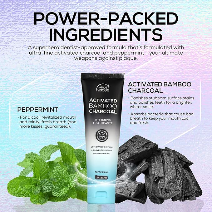 Venus Visage Activated Charcoal Toothpaste for Whitening - Effective Teeth Whitening Toothpaste for Surface Stains - Peppermint Flavor (3.7 oz/105 g)-Ruum Studio Home