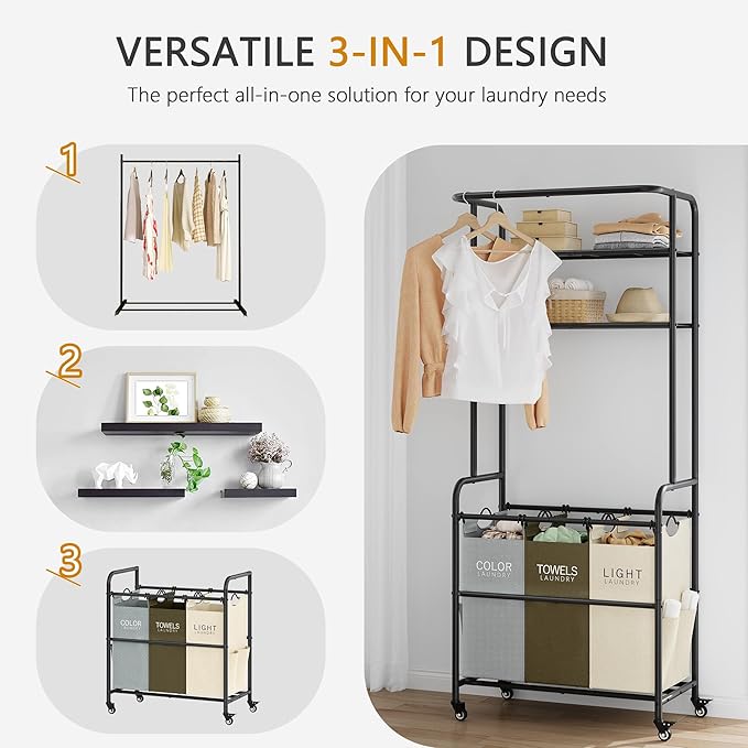 Laundry Sorter 3 Section,Laundry Hamper Cart with Hanging Rack & Removable Bags,Heavy Duty Laundry Basket Organizer with Wheels & 2 Tier Shelf,3 Colors-Ruum Studio Home