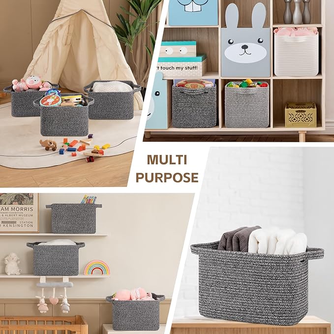 OIAHOMY Storage Basket, Woven Baskets for Storage, Cotton Rope Basket for toys,Towel Baskets for Bathroom - Pack of 3, Black-Ruum Studio Home