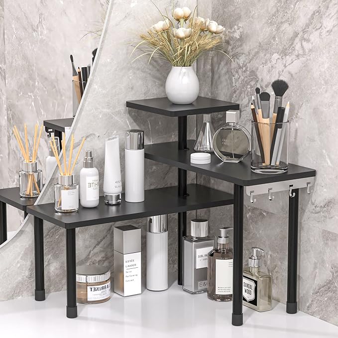 JayRex Countertop Corner Shelf, 3 Tier Shelf Moveable Organizer for Bathroom Counter, Make Up, Dresser Table, Desktop Shelf (Black)-Ruum Studio Home