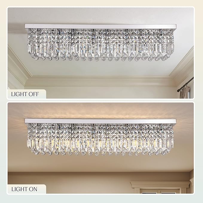 Modern Crystal Chandelier, 8-Lights Rectangle Chandelier Rectangular Flush Mount Pendant Ceiling Light Fixture K9 Crystal Raindrop Chandeliers for Dining Living Room Kitchen Island 𝐋𝟒𝟎 𝐈𝐧𝐜𝐡-Ruum Studio Home