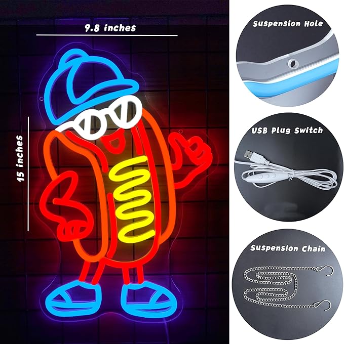 Hot Dog Neon Sign Dimable Cool Hot Dogs Neon Signs Funny Hot Dog Party Themed Light Decor for Restaurants Bars Game Rooms Vibrant LED Lighting Gifts for Fast Food Enthusiasts (15×9.8inch)-Ruum Studio Home