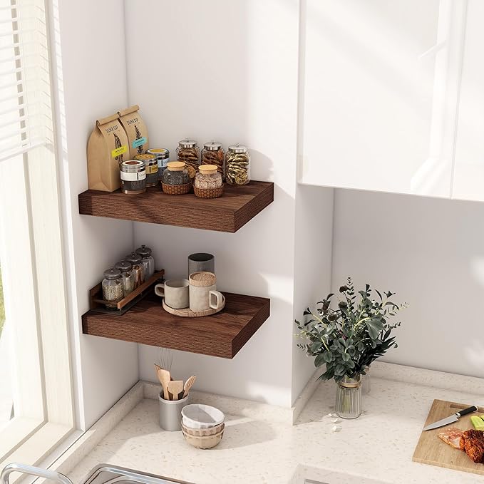 12 Inch Deep Floating Shelves, 16 x 12 Floating Shelf for Books, Rustic Wood Deep Wall Shelves for Home Storage & Display, 2" Thicked Shelves for Kitchen, Living Room, Bedroom, Walnut Color, 2 Pack-Ruum Studio Home