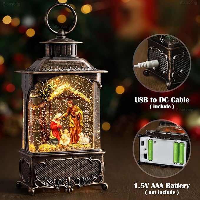 Nativity Snow Globe Lantern Christmas Decorations Gifts Auto Snowfall Glitter Music Collection Manger Sheep Pen Nativity Scene with 6H Timer USB/Battery Powered 10.2 inch-Ruum Studio Home