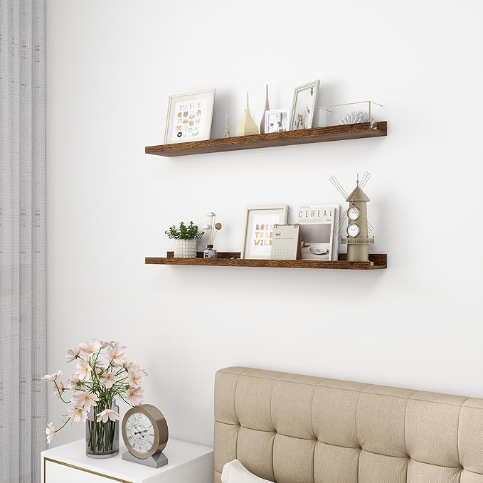 Picture Ledge Shelf, Wood Floating Shelves Set of 2, 36 inch Picture Ledge Shelves, Photo Ledge Nursery Book Shelves Wall Mounted for Living Room Kids' Room Bedroom, Color Brown-Ruum Studio Home
