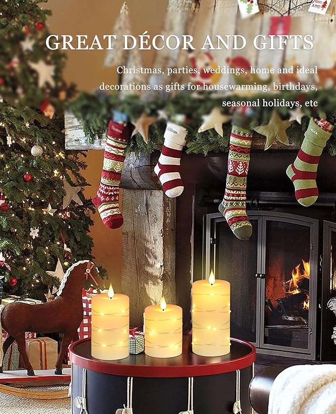 Flameless Candles With Remote, Battery Operated Candles LED Candles with string lights Flickering Candles with Timer, 4‘’ 5‘’ 6‘’ Candle For Seasonal and Festival Celebration’s Candles set of 3-Ruum Studio Home