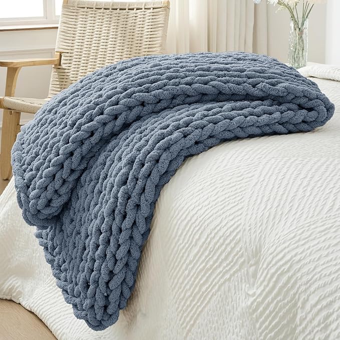 Bigacogo Chunky Knit Throw Blanket for Couch, 40x60 inches, 100% Hand Knitted with Thick Jumbo Chenille Yarn, Cozy Soft Large Rope Knot Cable Crochet Blankets for Sofa Bed Living Room, Cold Sea Blue-Ruum Studio Home