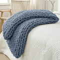 Bigacogo Chunky Knit Throw Blanket for Couch, 40x60 inches, 100% Hand Knitted with Thick Jumbo Chenille Yarn, Cozy Soft Large Rope Knot Cable Crochet Blankets for Sofa Bed Living Room, Cold Sea Blue-Ruum Studio Home